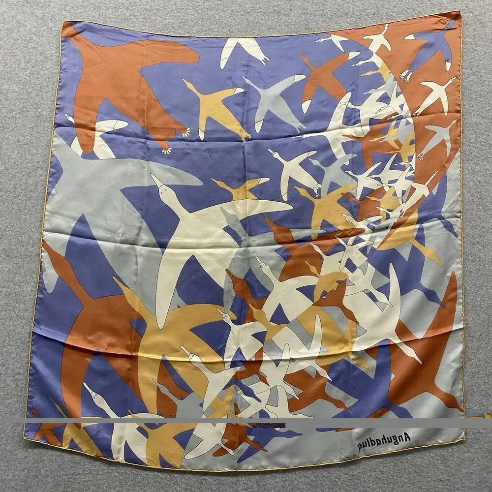 Vintage Luke Anguhadluq Inuit Canada Eskimo Folk Art Flying Geese Scarf Silk